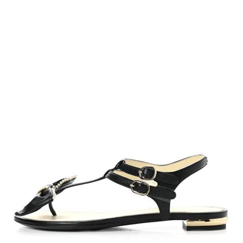 CHANEL Lambskin Pearl Thong Sandals 36.5 Black